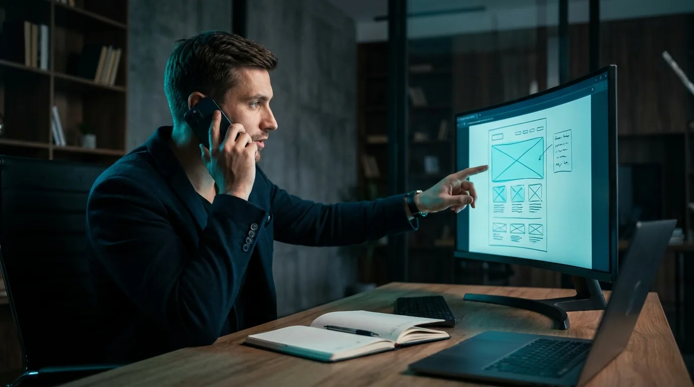 Konzeptphase: Berater bespricht am Telefon das erste Website-Wireframe am Monitor (KI-generierte Beispielszene)