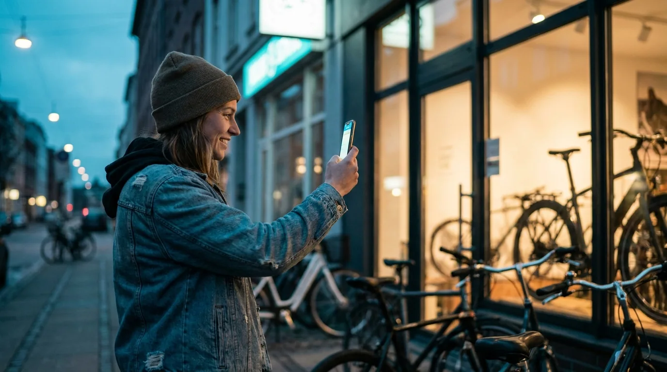 Eine Ladeninhaberin fotografiert ihr Geschäft mit dem Smartphone — die Vorlage für das Design (KI-generierte Beispielszene)