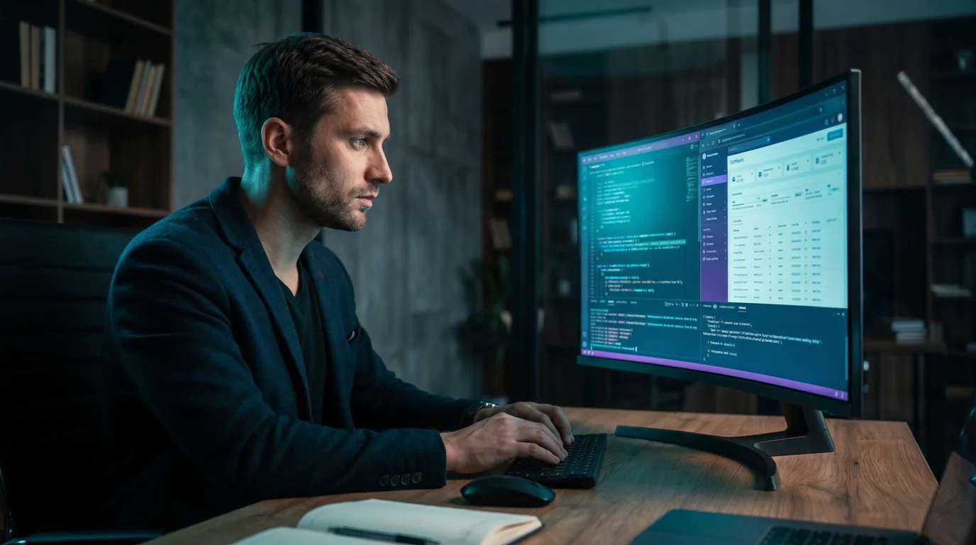 Entwicklung: Programmierer setzt Website und Dashboard im Code-Editor um (KI-generierte Beispielszene)