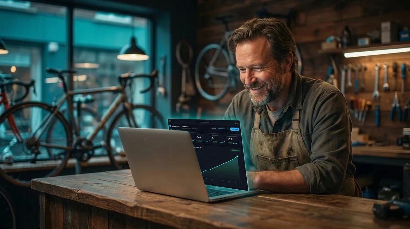 Nach dem Go-Live: Werkstatt-Inhaber verfolgt am Laptop die steigenden Zahlen seiner neuen Website (KI-generierte Beispielszene)